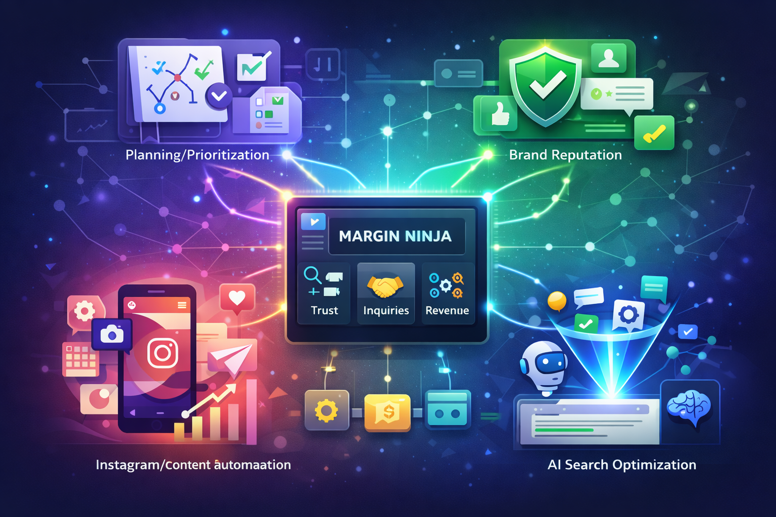 Margin Ninja system graphic showing planning, reputation, Instagram, and AI search feeding into trust, inquiries, and revenue